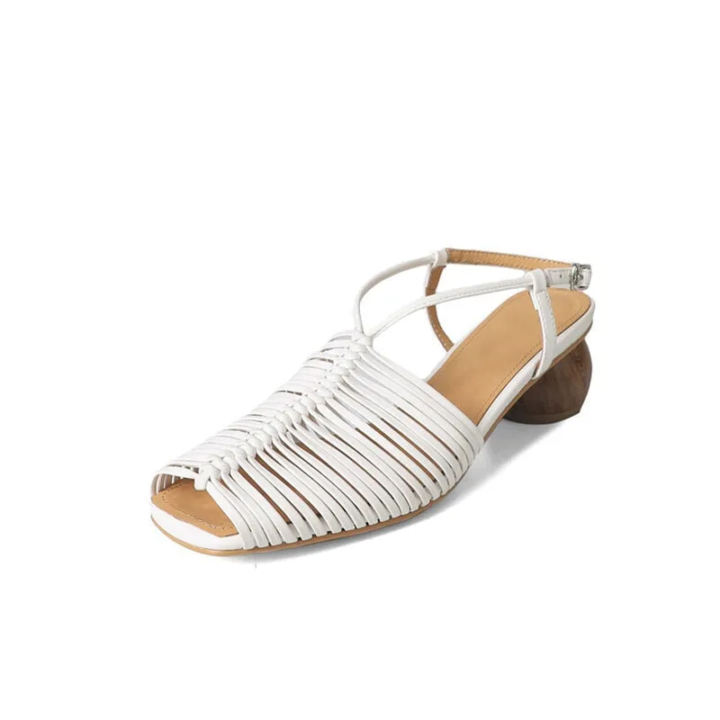 Cylinder Heel Sandals Slingback Leather Woven Detail in Beige/Golden/Silver/Apricot