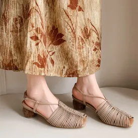 Cylinder Heel Sandals Slingback Leather Woven Detail in Beige/Golden/Silver/Apricot