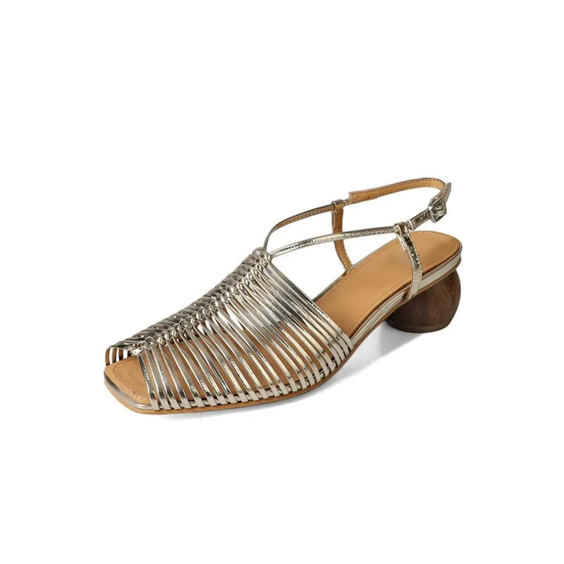 Cylinder Heel Sandals Slingback Leather Woven Detail in Beige/Golden/Silver/Apricot