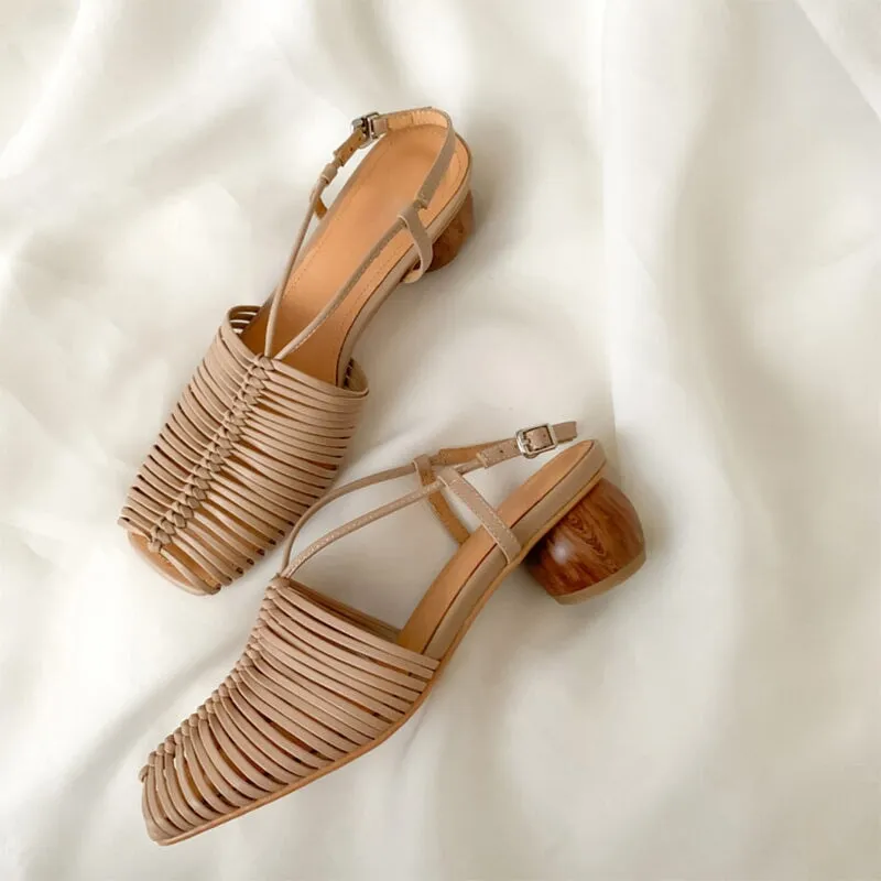 Cylinder Heel Sandals Slingback Leather Woven Detail in Beige/Golden/Silver/Apricot