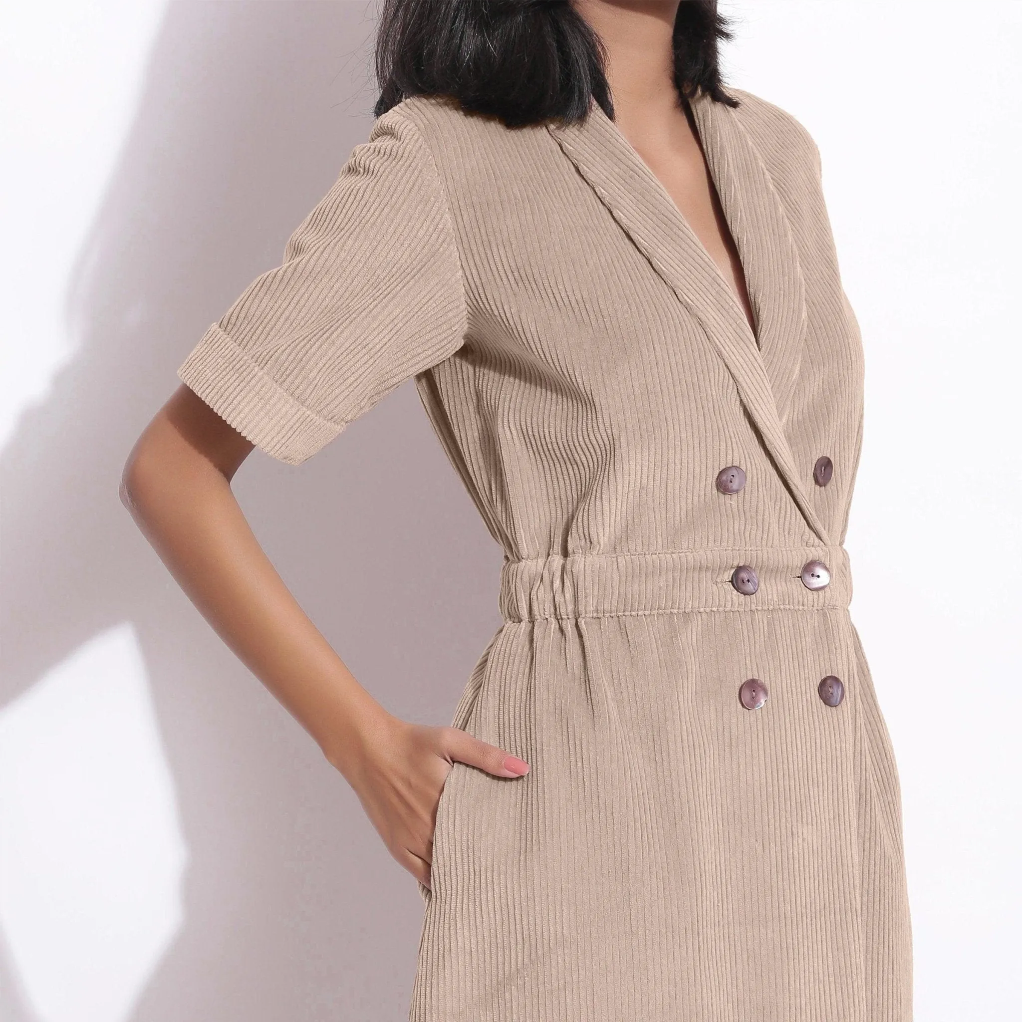 Dusk Beige Warm Cotton Corduroy Knee Length Coat Dress