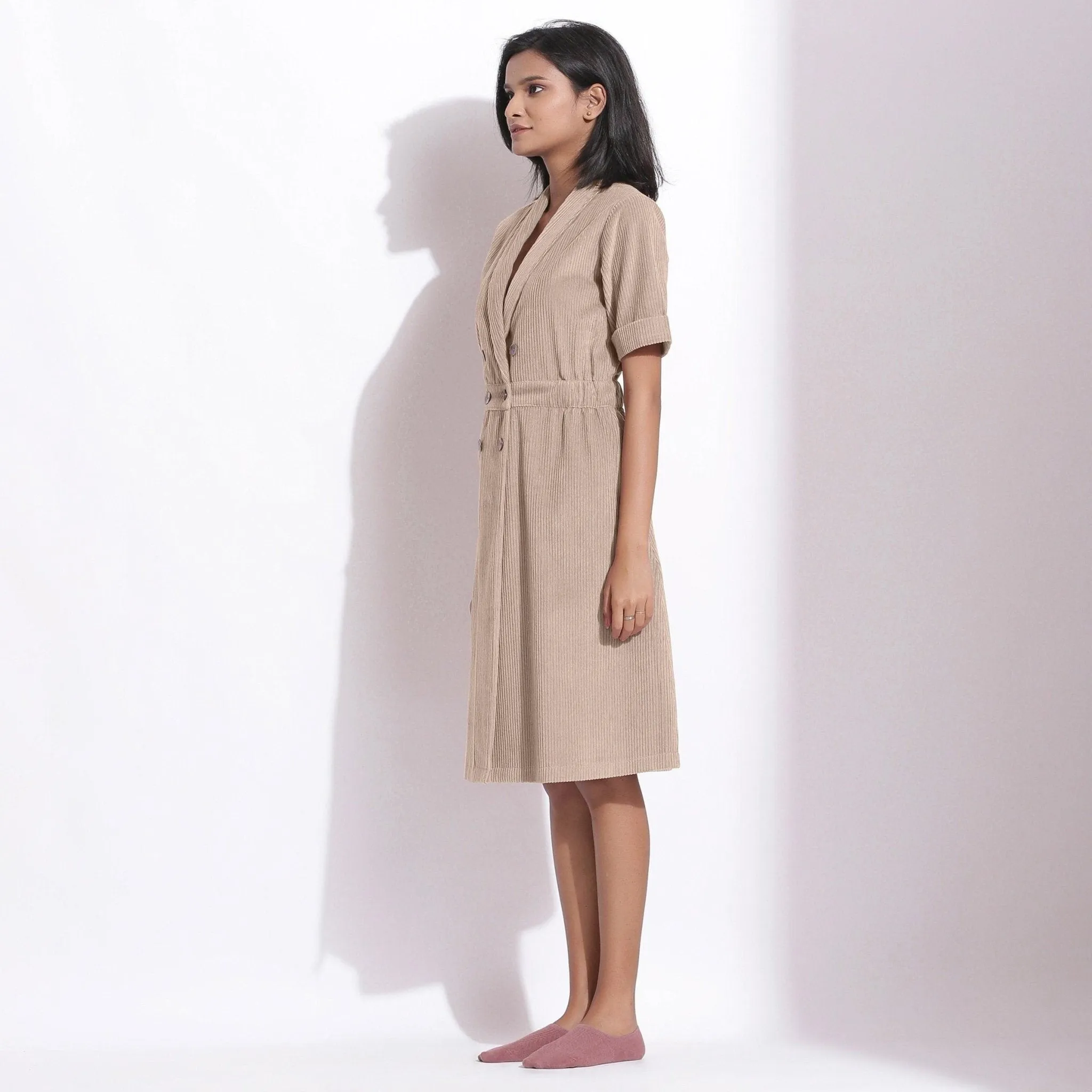 Dusk Beige Warm Cotton Corduroy Knee Length Coat Dress