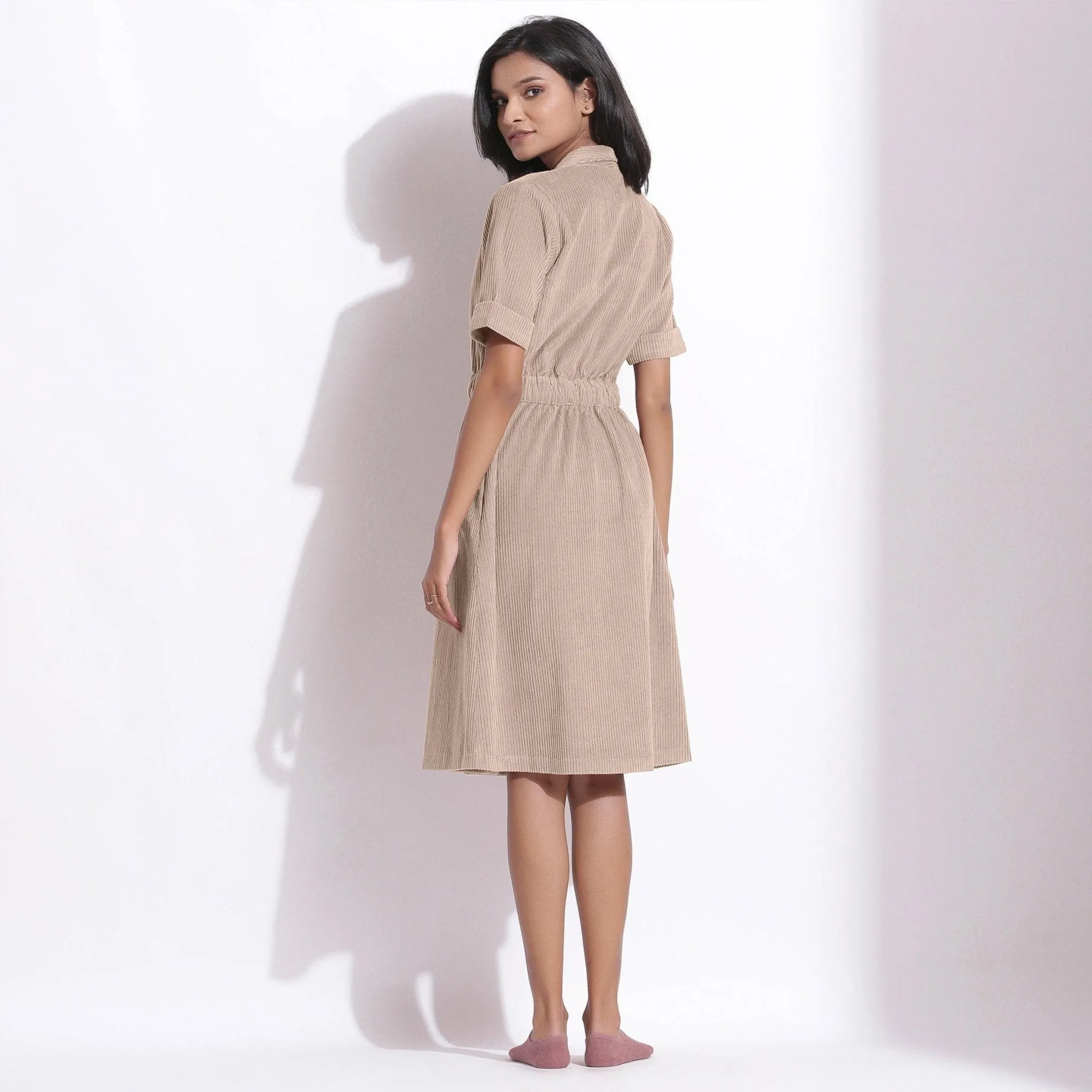 Dusk Beige Warm Cotton Corduroy Knee Length Coat Dress