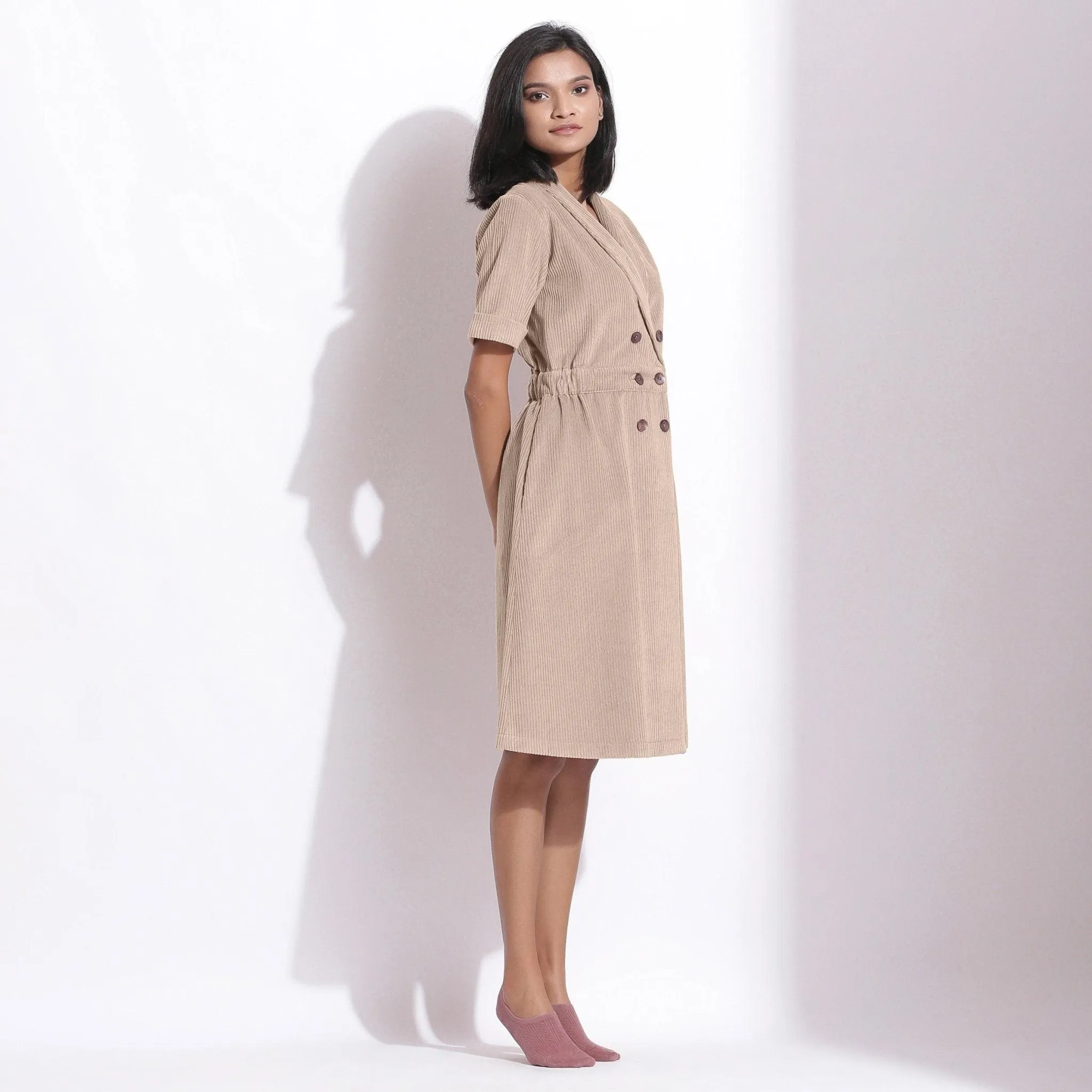 Dusk Beige Warm Cotton Corduroy Knee Length Coat Dress