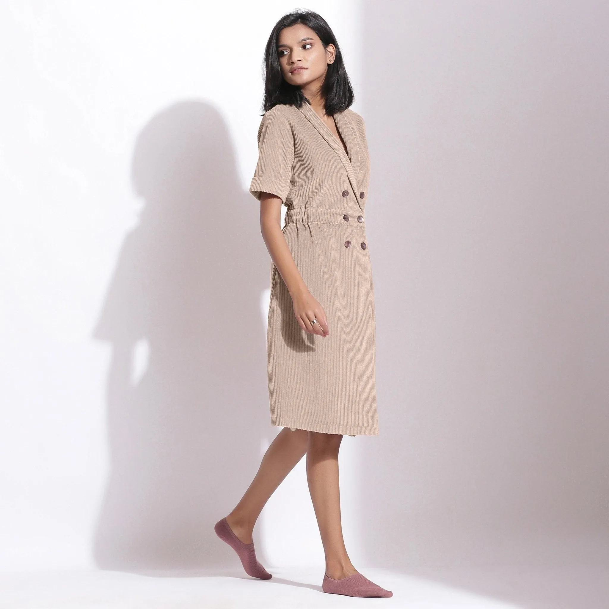 Dusk Beige Warm Cotton Corduroy Knee Length Coat Dress