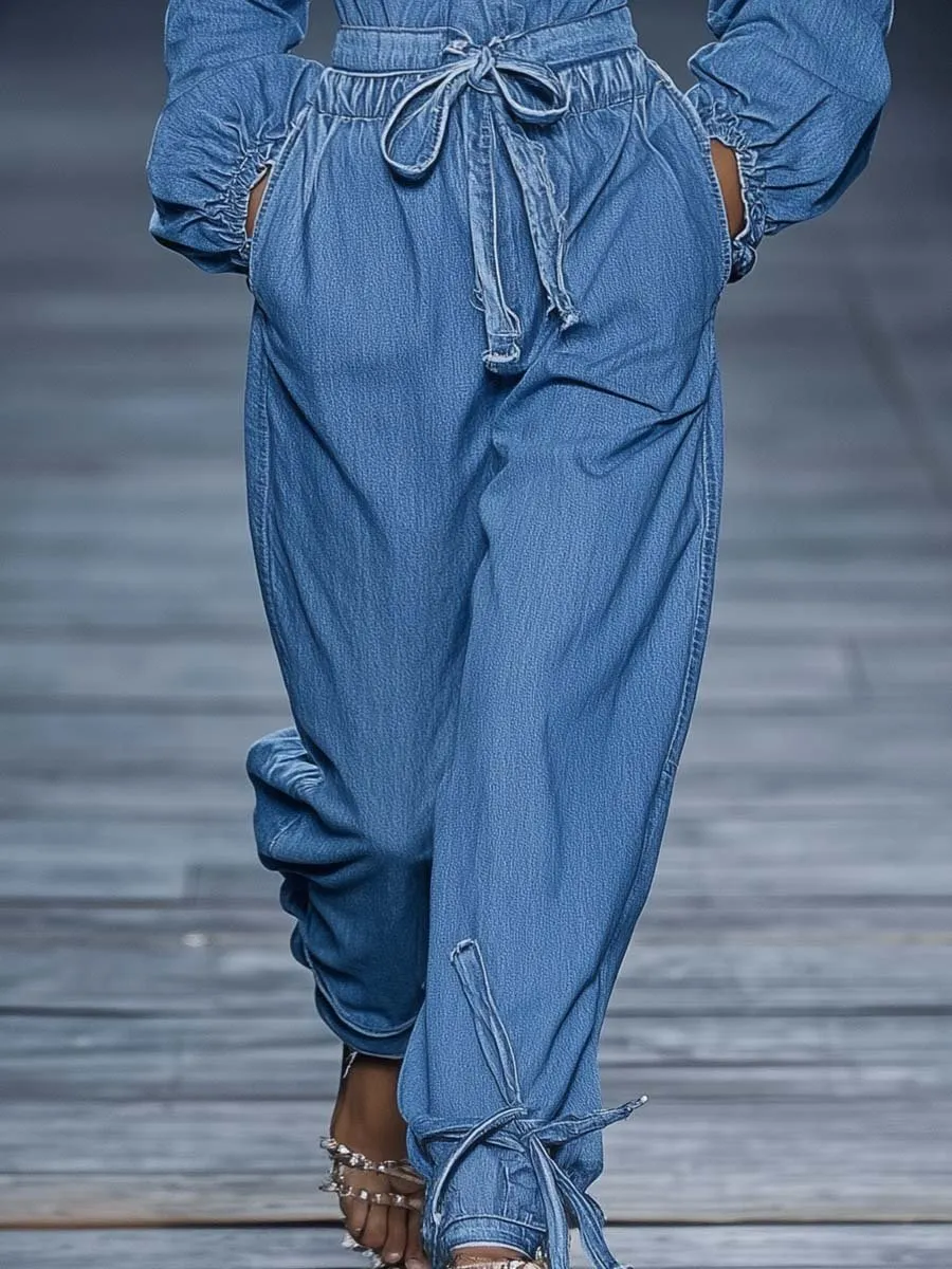 Fashion Off-the-shoulder Long-sleeved Waist-tied Blue Denim Jumpsuit