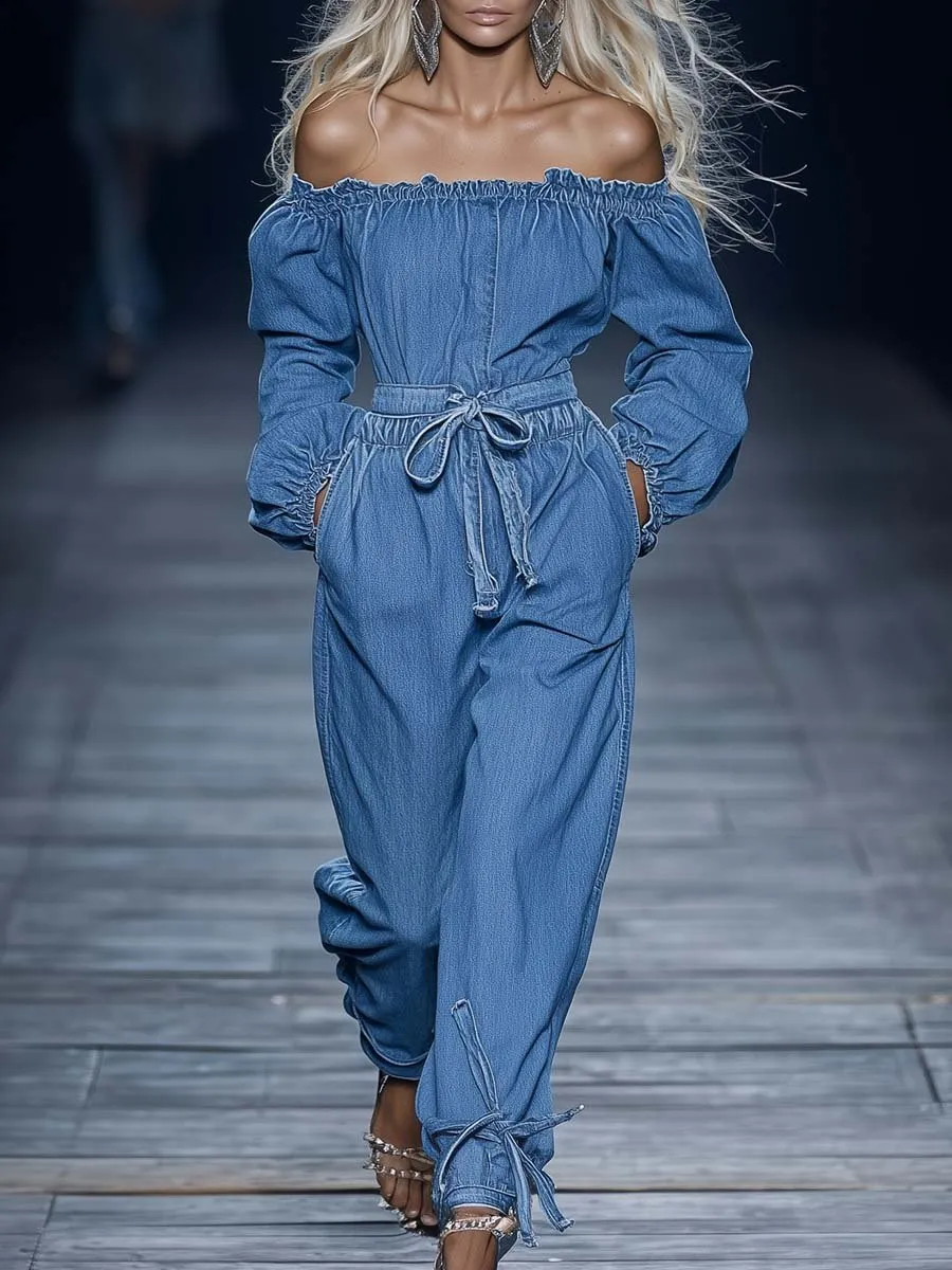 Fashion Off-the-shoulder Long-sleeved Waist-tied Blue Denim Jumpsuit