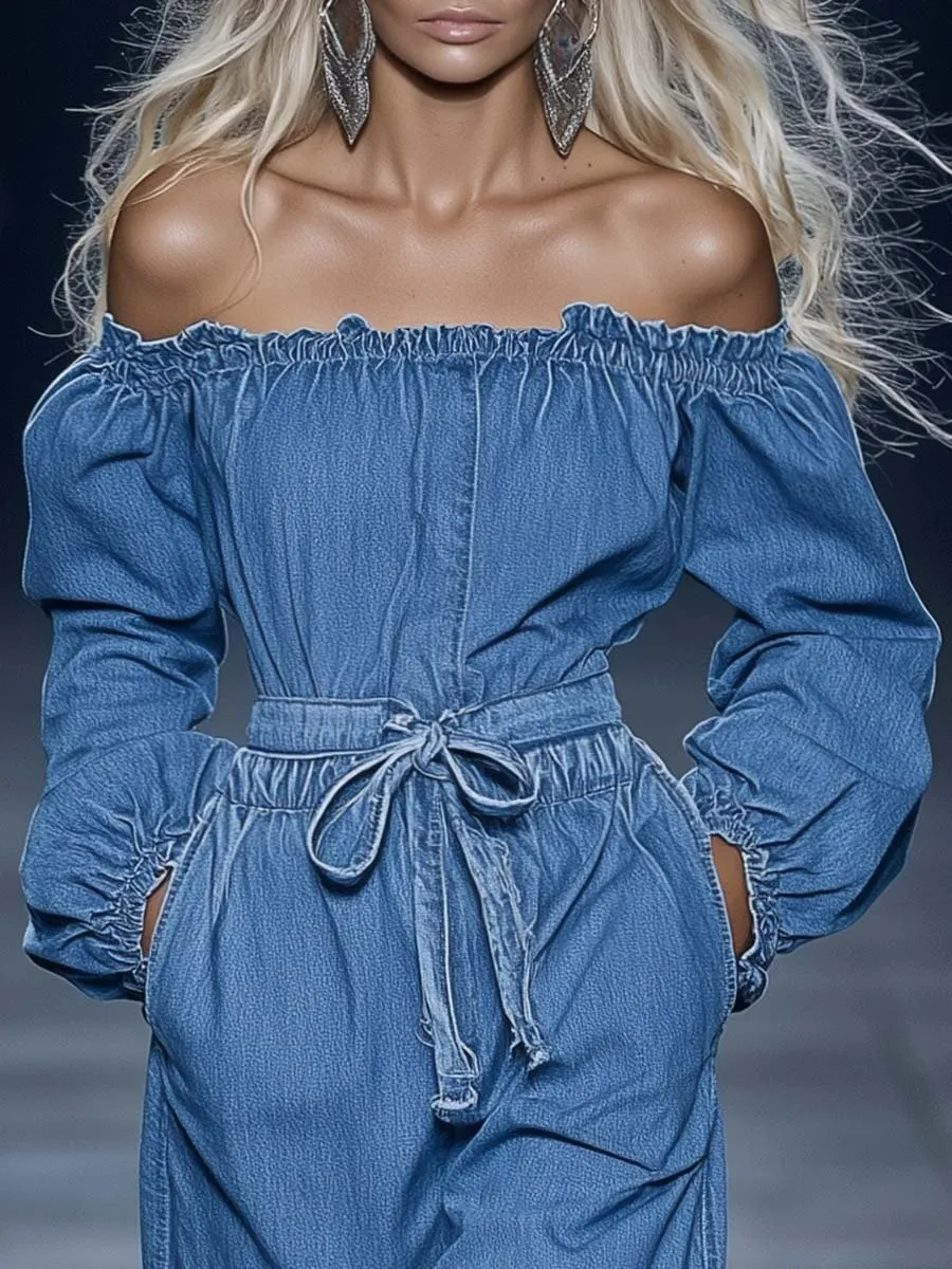 Fashion Off-the-shoulder Long-sleeved Waist-tied Blue Denim Jumpsuit