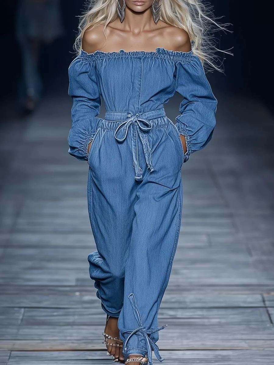 Fashion Off-the-shoulder Long-sleeved Waist-tied Blue Denim Jumpsuit