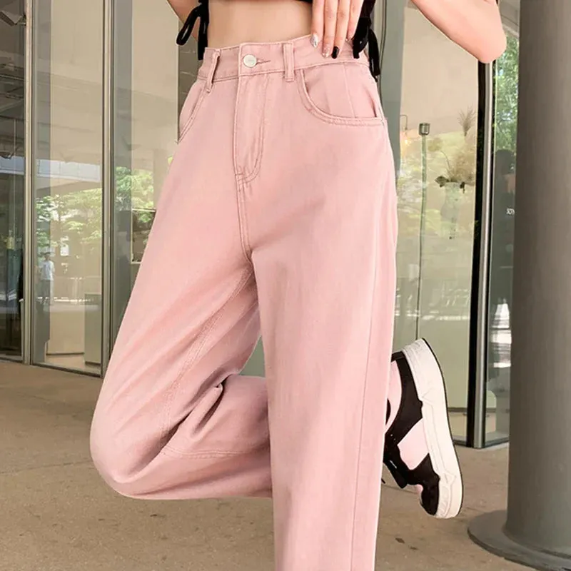 Fashionable High Waist Pink Denim Jeans