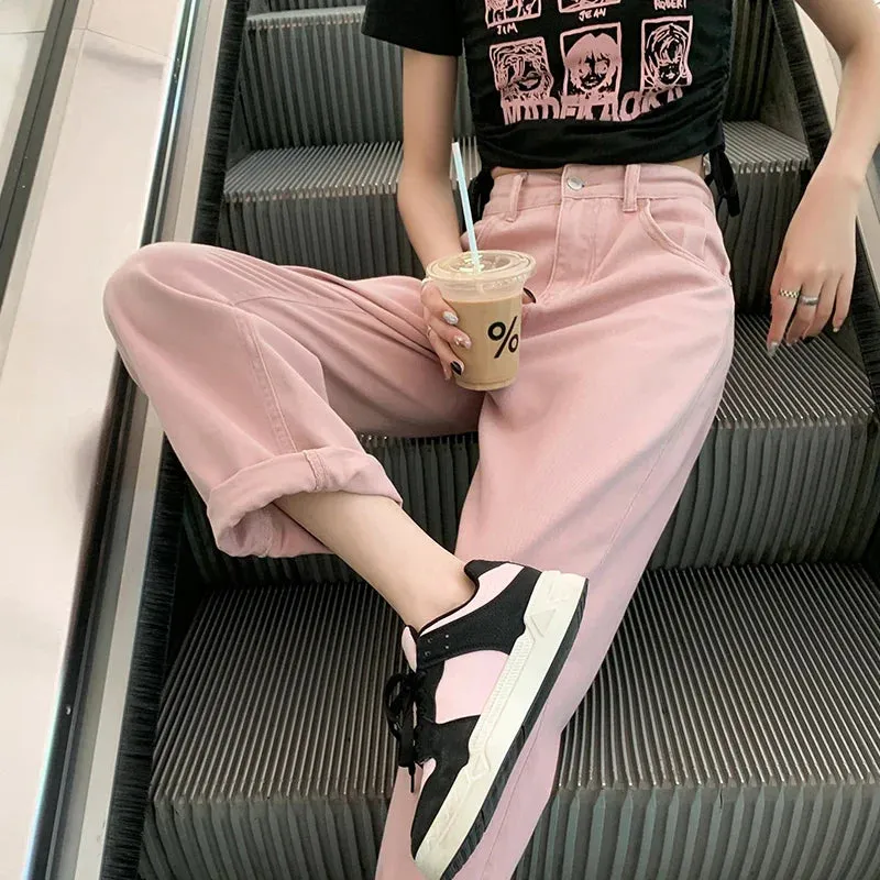 Fashionable High Waist Pink Denim Jeans