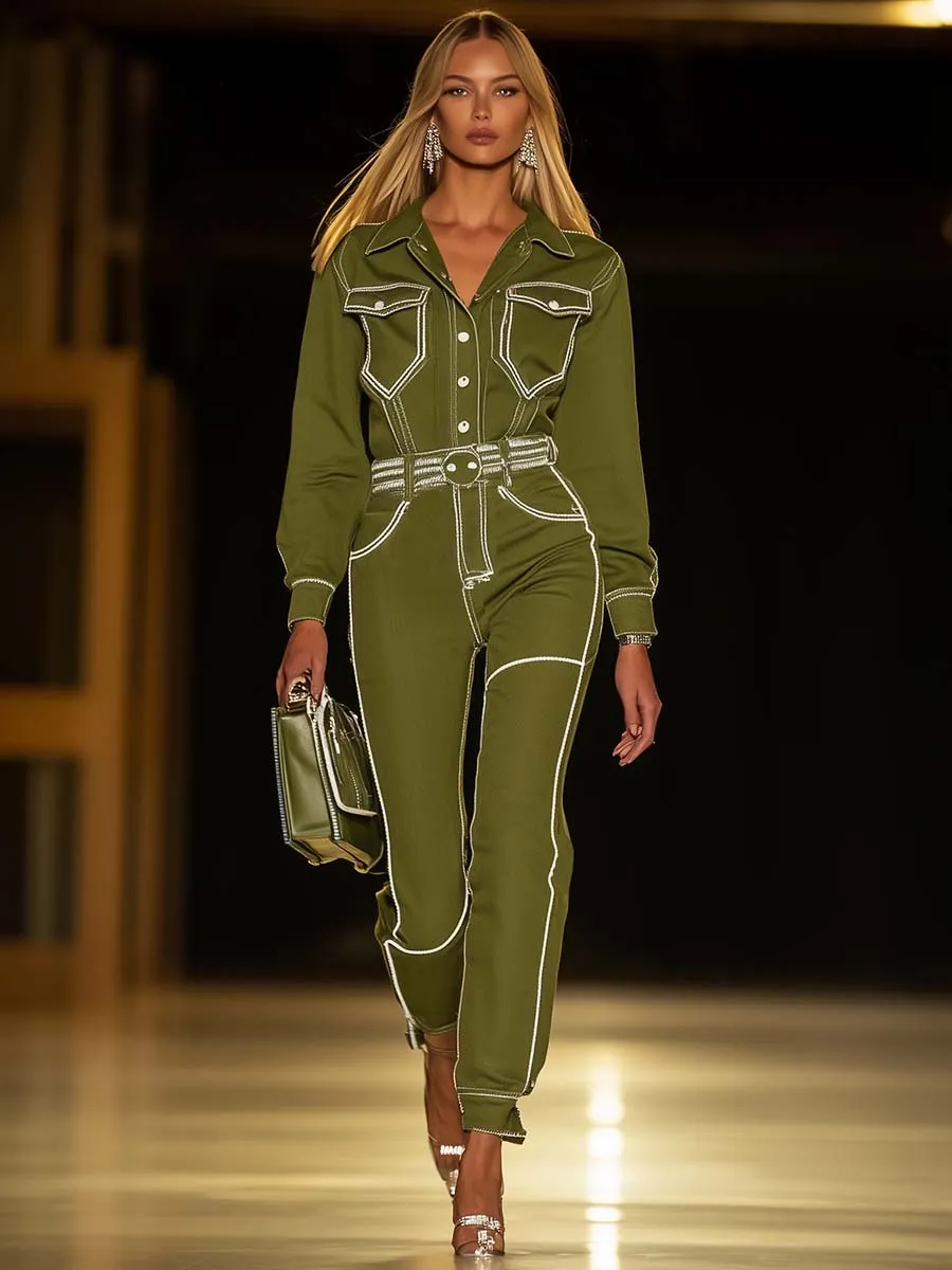 Fashionable Personality White Stitching Trim Olive Green Denim Jumpsuit