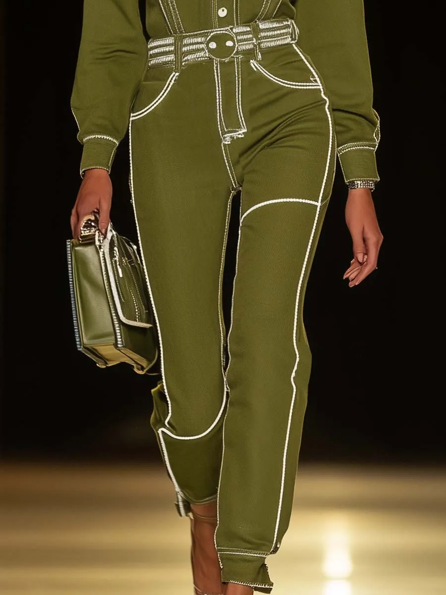 Fashionable Personality White Stitching Trim Olive Green Denim Jumpsuit