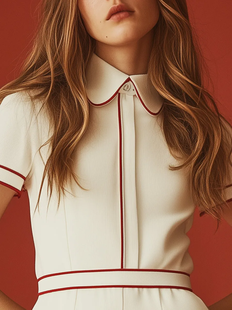 Fashionable Red Line White Short-sleeved Jumpsuit