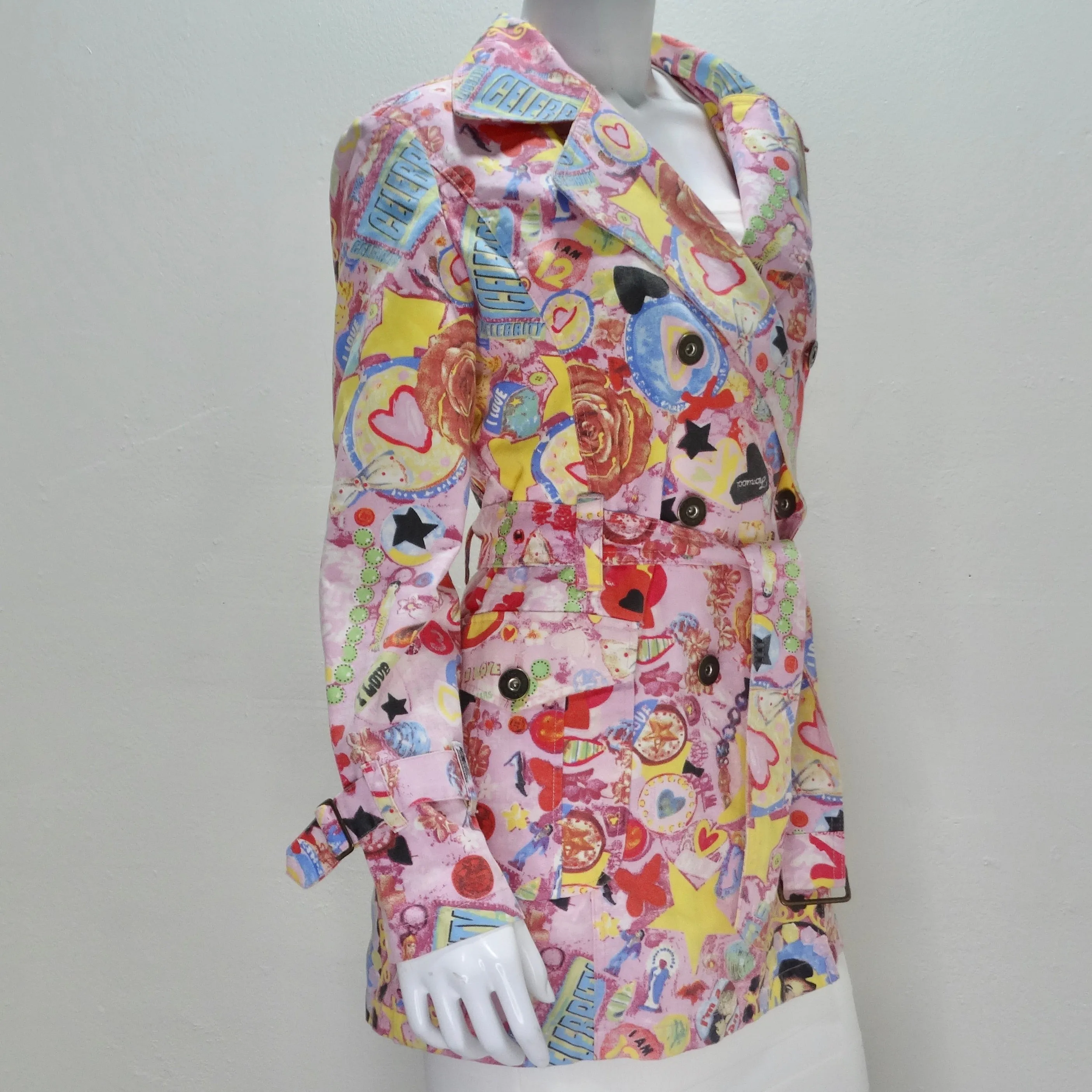 Fiorucci Y2K Multicolor Graphic Printed Trench Coat