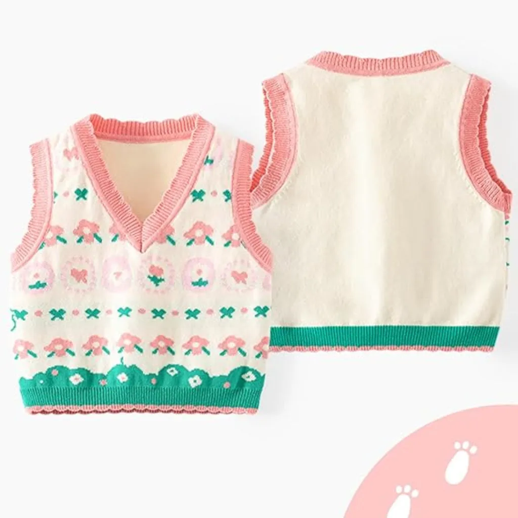 Floral Girls' V Neck Comfort Knitted Sleeveless Pullover Sweater Vest