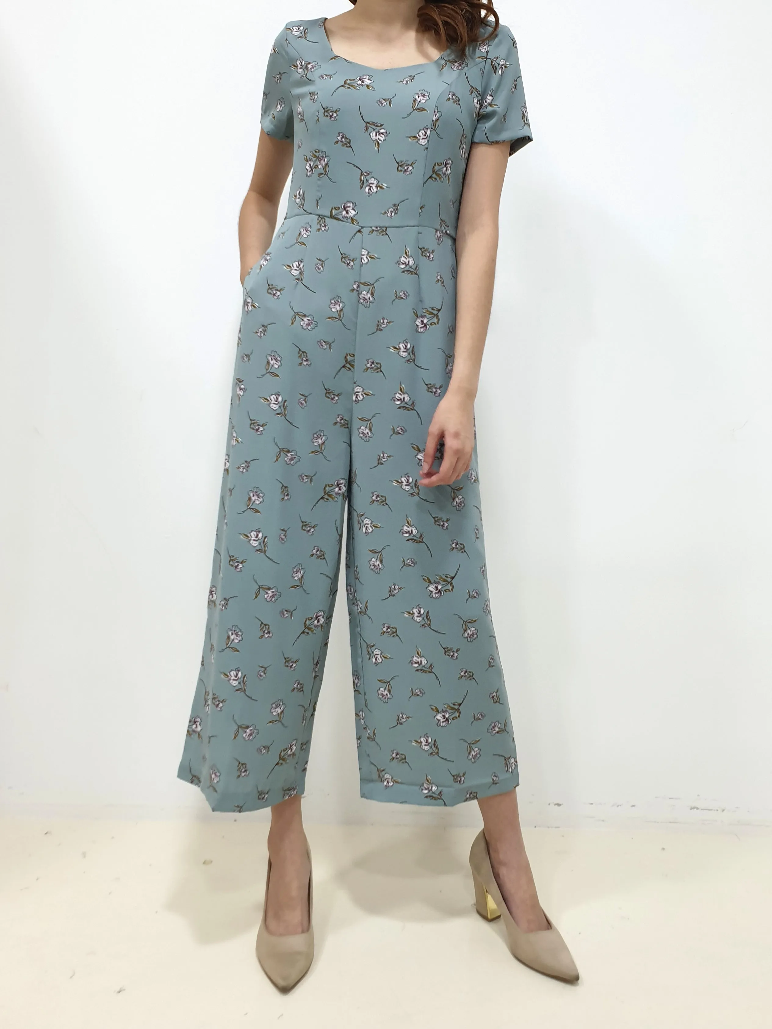 Floral Zipper Jumpsuit - Blue (Non-returnable)