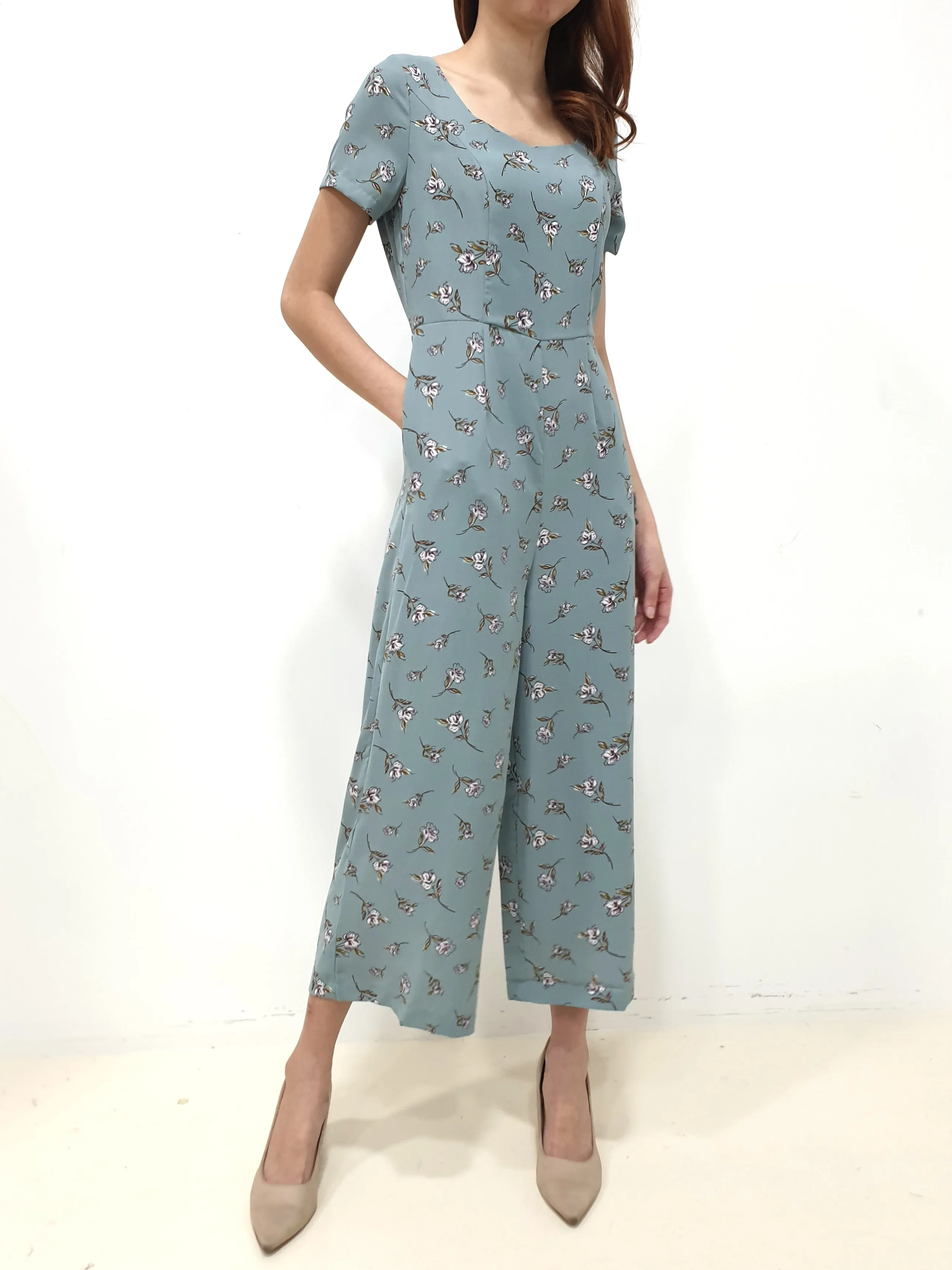 Floral Zipper Jumpsuit - Blue (Non-returnable)