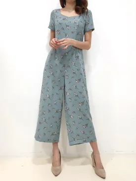 Floral Zipper Jumpsuit - Blue (Non-returnable)