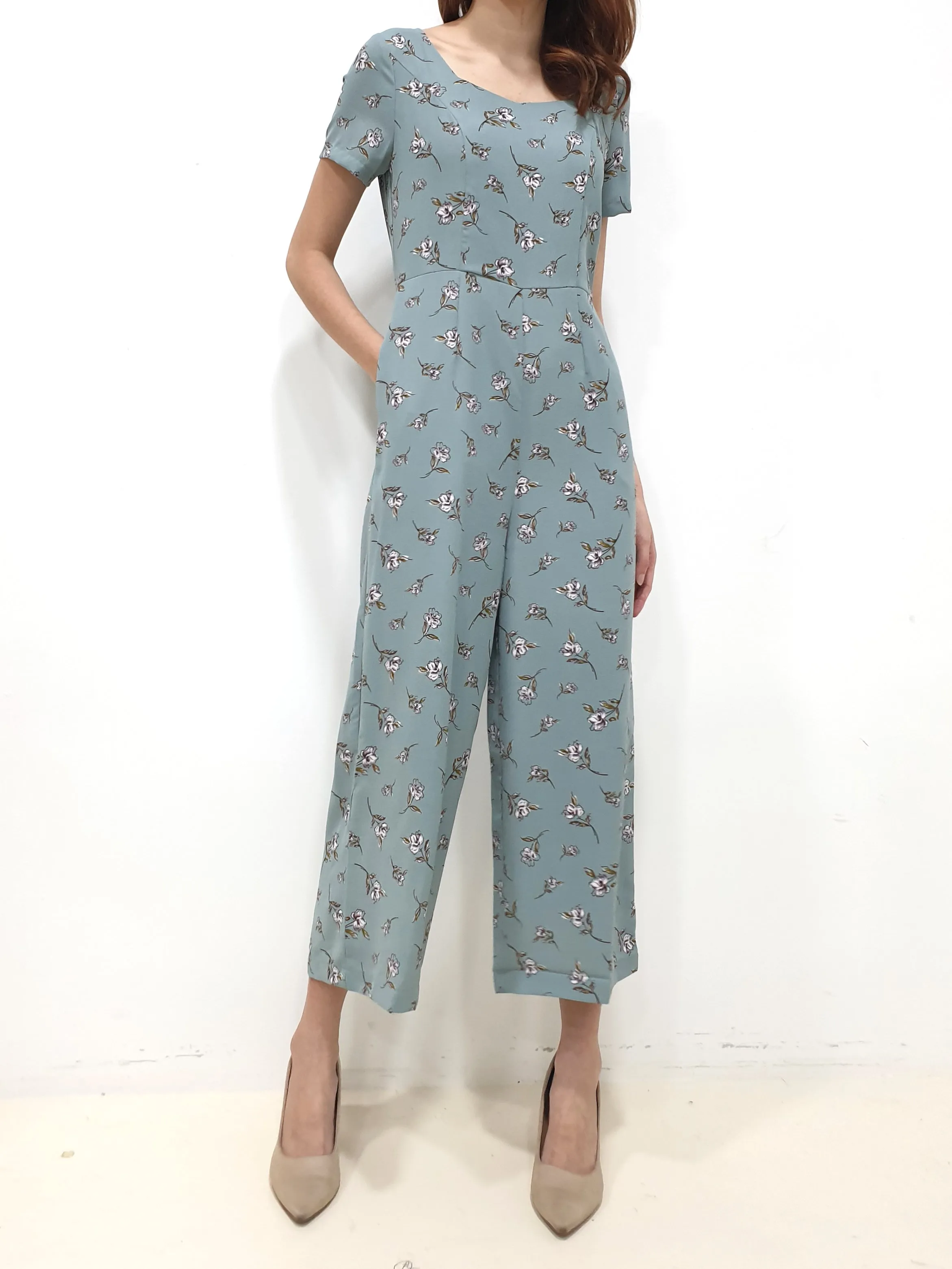 Floral Zipper Jumpsuit - Blue (Non-returnable)