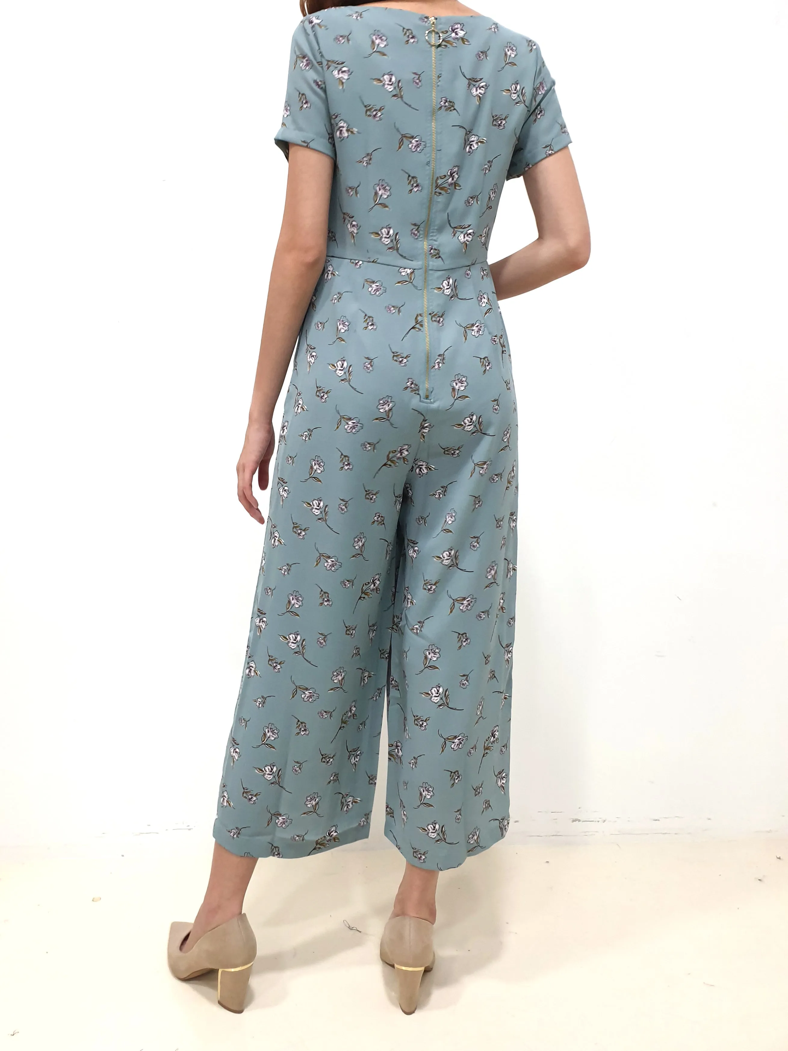 Floral Zipper Jumpsuit - Blue (Non-returnable)