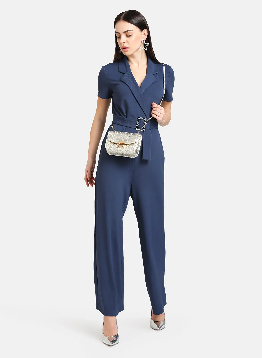 Front Overlap Detail Jumpsuit With Belt