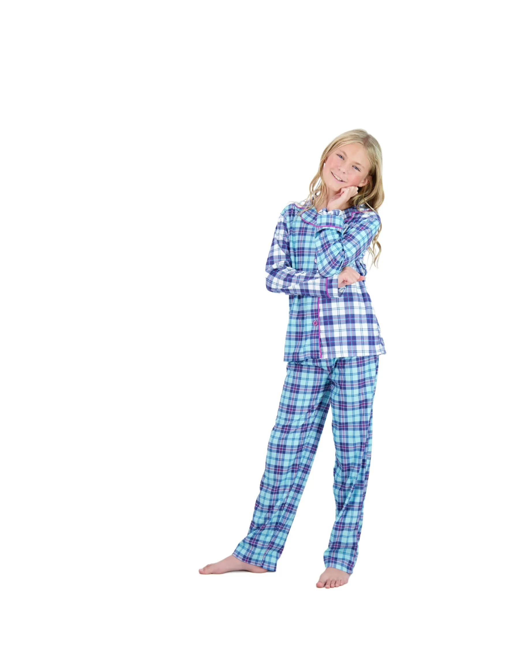 Girls 2-Piece Brushed Jersey Button-Front Coat Pajama Set- Plaid, with Matching Scrunchie, Multicolored Girls Pajama Set