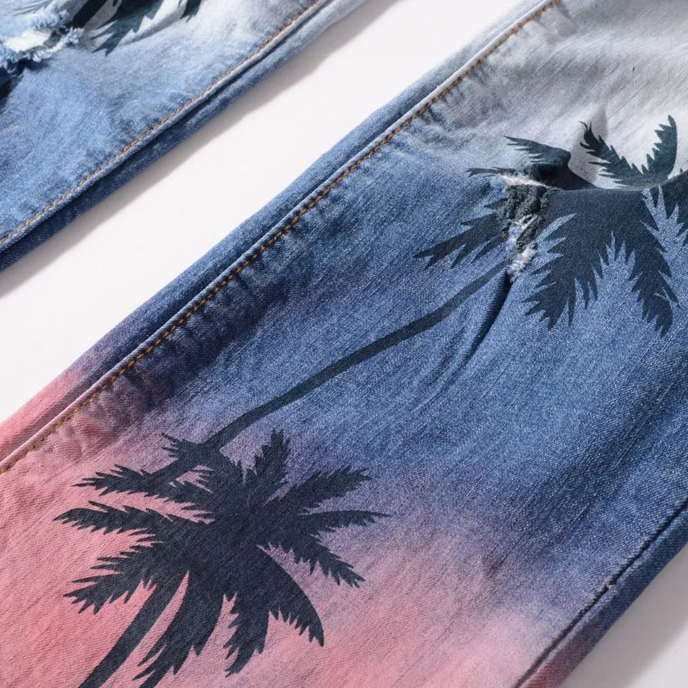 Gradient Tropical Palm Printed Slim Fit Jeans