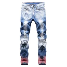 Gradient Tropical Palm Printed Slim Fit Jeans