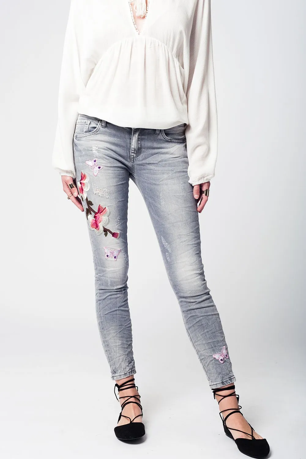 Gray slim denim embroidered jeans