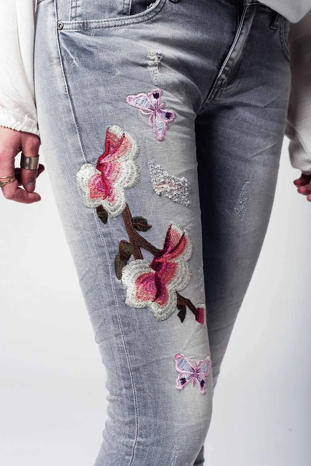 Gray slim denim embroidered jeans