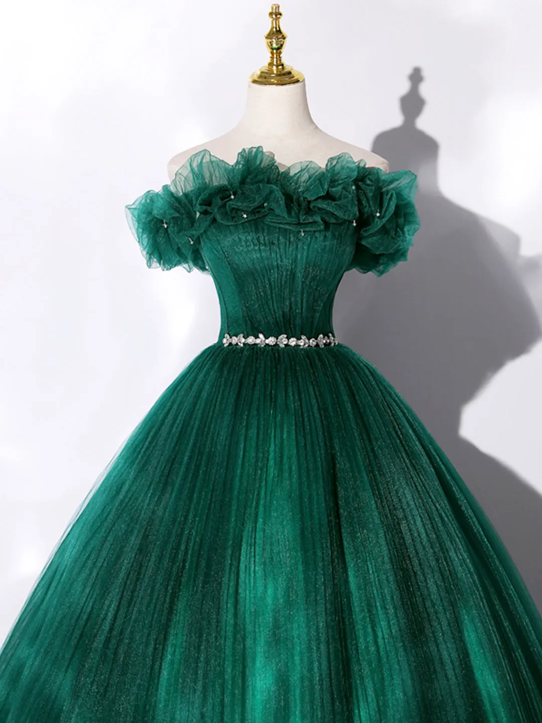 Green Off Shoulder Tulle Formal Dress A-Line Long Prom Dress