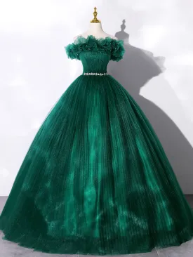 Green Off Shoulder Tulle Formal Dress A-Line Long Prom Dress