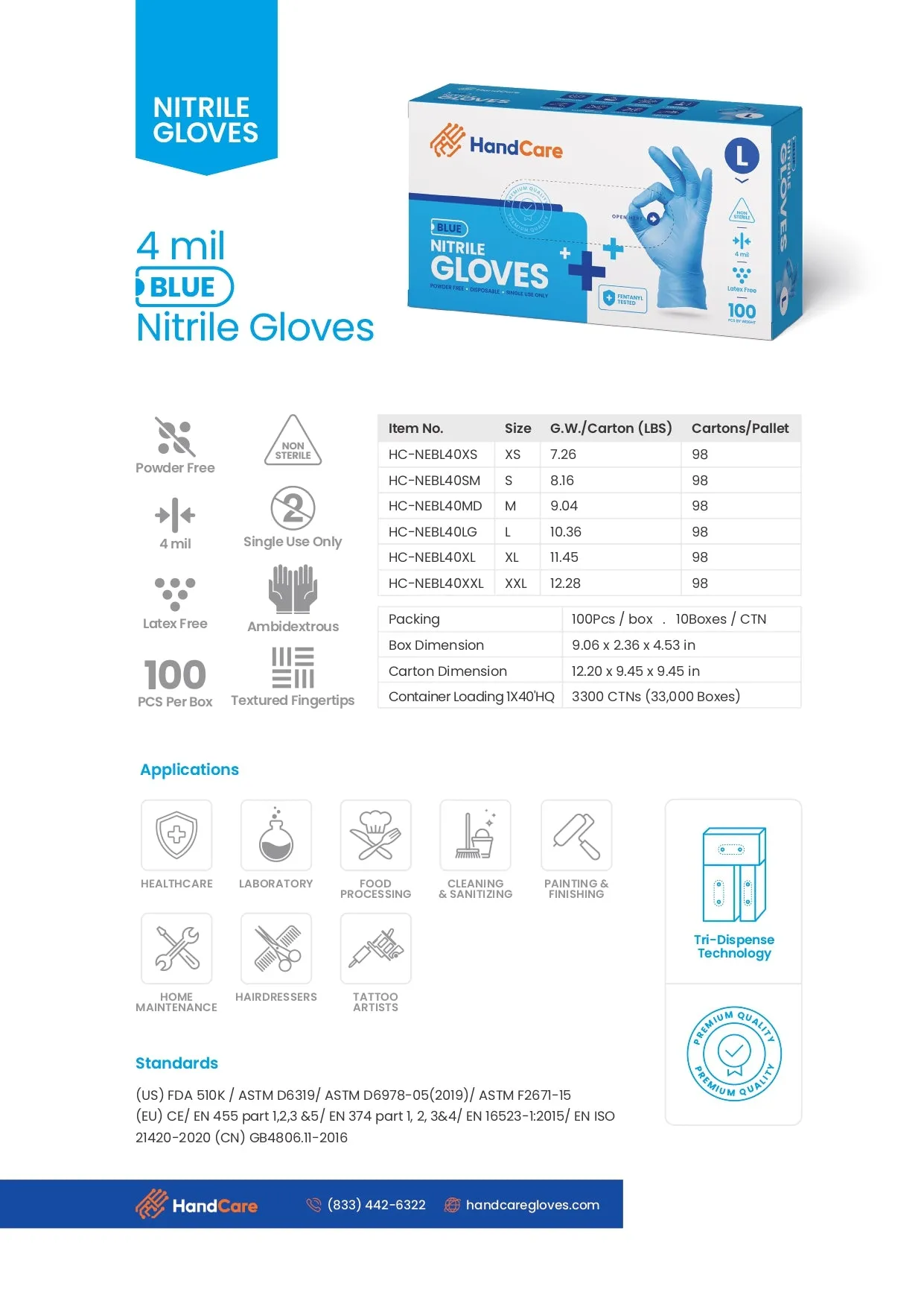 HandCare Blue Nitrile Gloves - Exam Grade, Powder Free (4 Mil), 1,000 Gloves