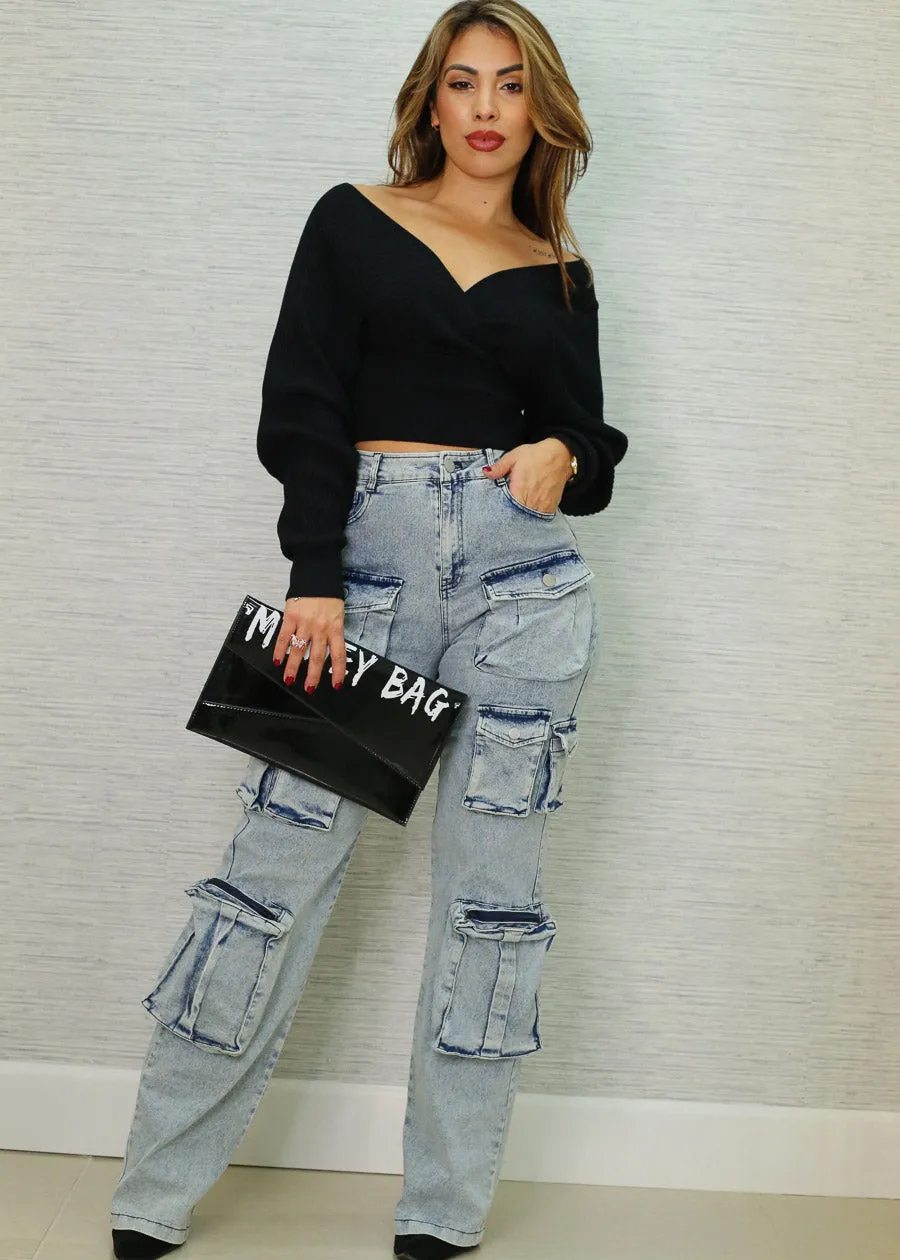 High Waist Acid Wash Utility Cargo Jeans