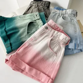 high waist denim shorts tie dye gradient color women wide leg slim fit jeans street hipster