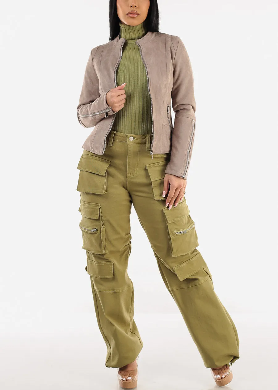 High Waist Straight Wide Leg Cargo Jeans Light Olive