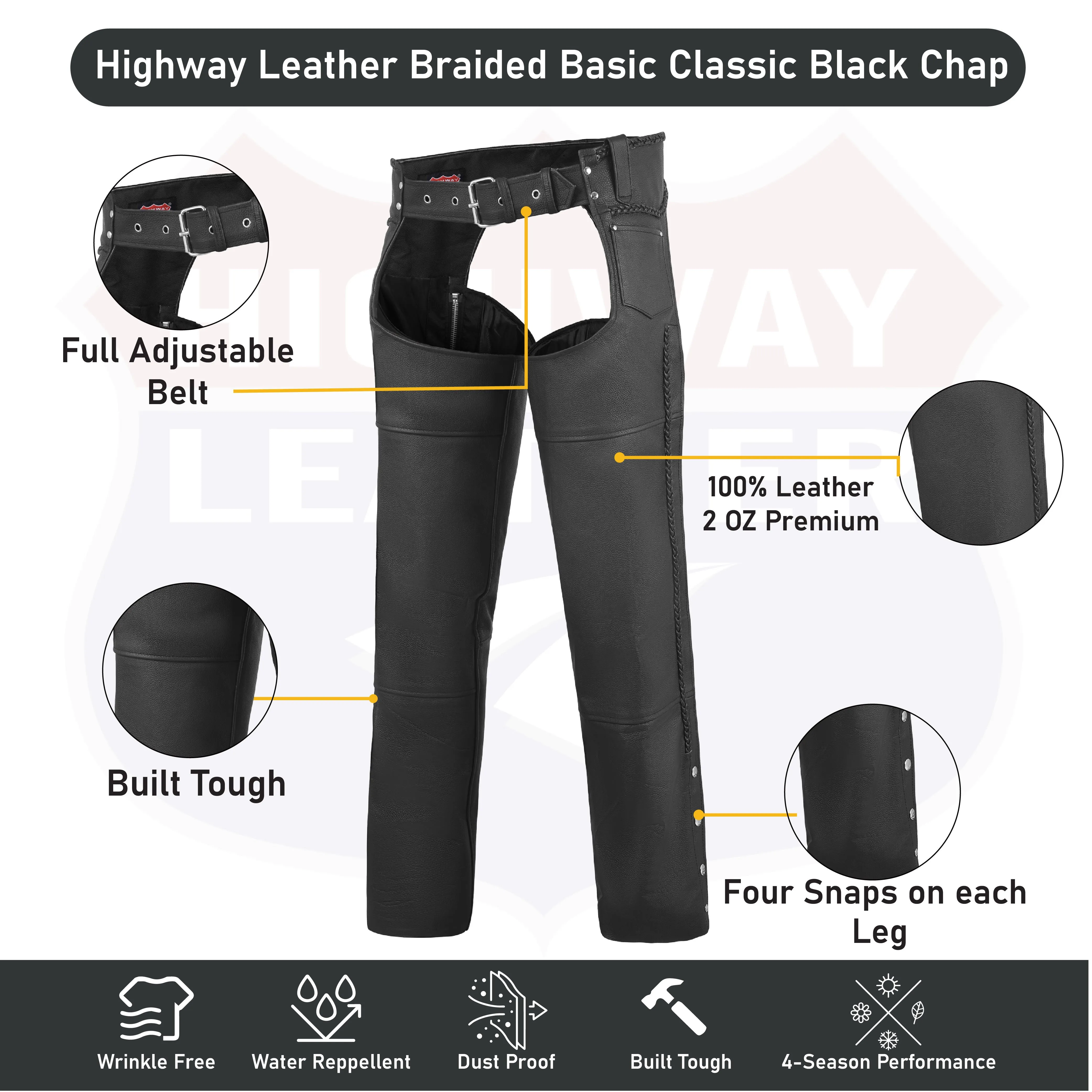 HL12800BRAIDED  Classic Black Braided Style Leather Motorcycle Chap for  Riding Easy Fit