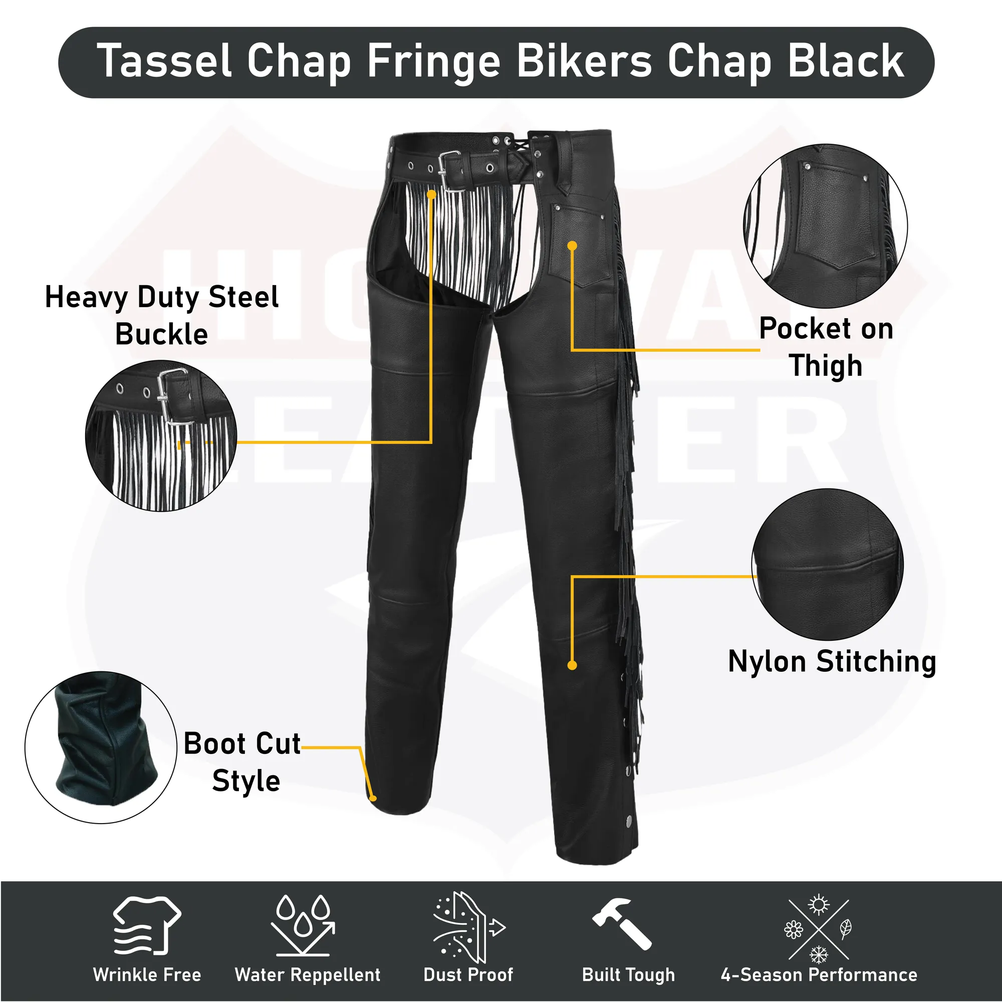 HL12800FRINGE Tassel Chap Fringe Chaps Motorcycle Riding Bikers Chap Black