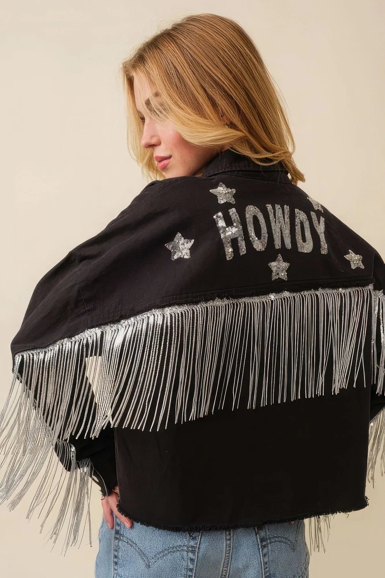 Howdy sequin fringe and star patches jacket