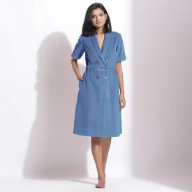 Ice Blue Warm Cotton Corduroy Knee Length Coat Dress