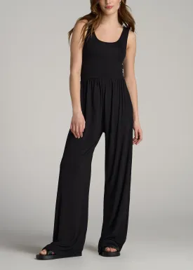 Jersey Tank Wide Leg Tall Women's Jumpsuit with Pockets in Black