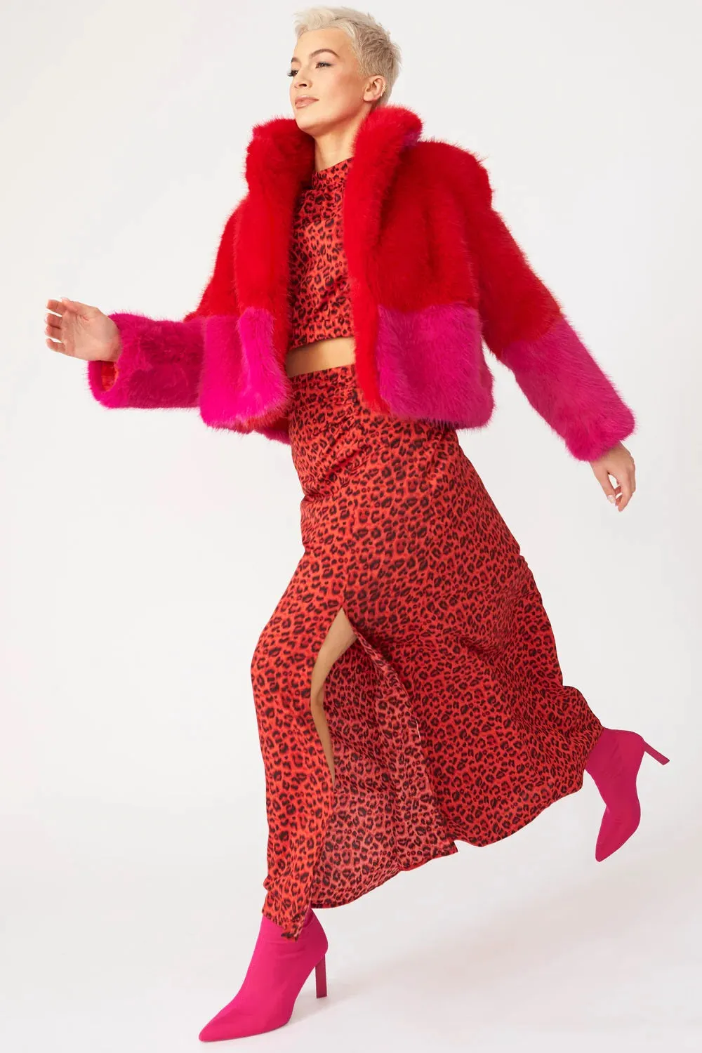 Ladies Red Pink Bamboo Faux Fur Double Cropped Coat