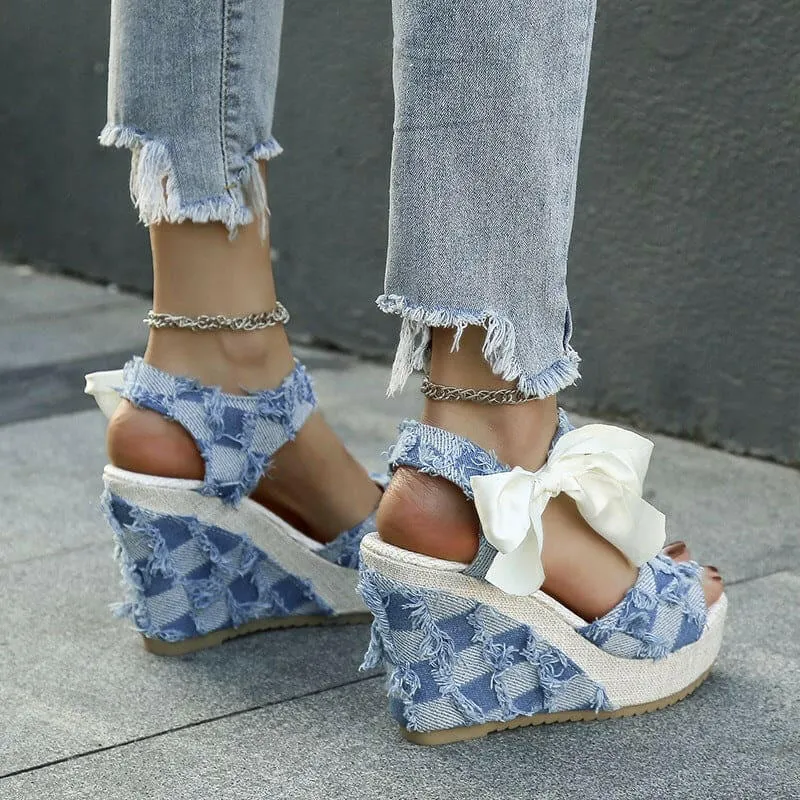 Ladies Wedge Peep Toe Bow Lace-up Denim Platform Sandals