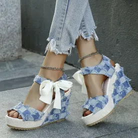 Ladies Wedge Peep Toe Bow Lace-up Denim Platform Sandals