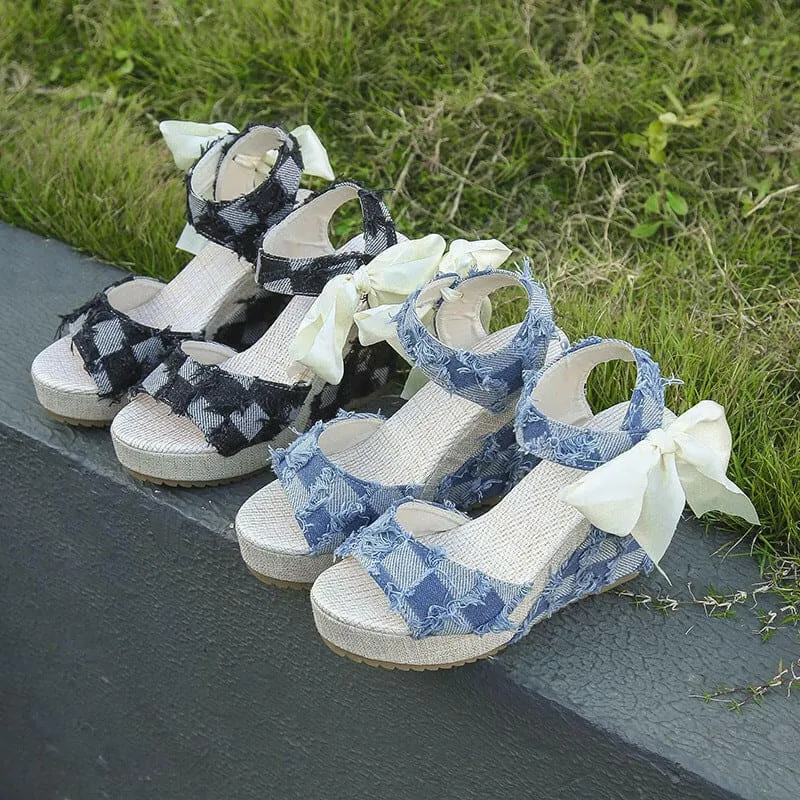 Ladies Wedge Peep Toe Bow Lace-up Denim Platform Sandals