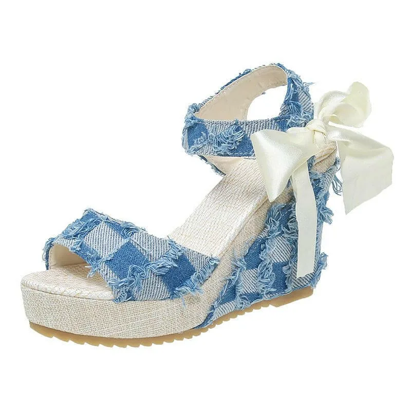 Ladies Wedge Peep Toe Bow Lace-up Denim Platform Sandals