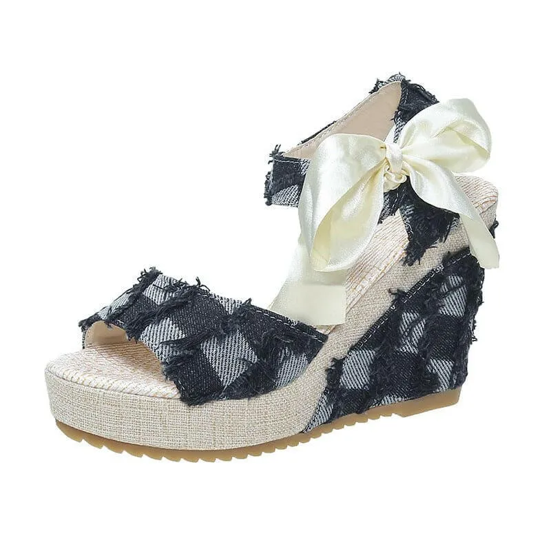 Ladies Wedge Peep Toe Bow Lace-up Denim Platform Sandals