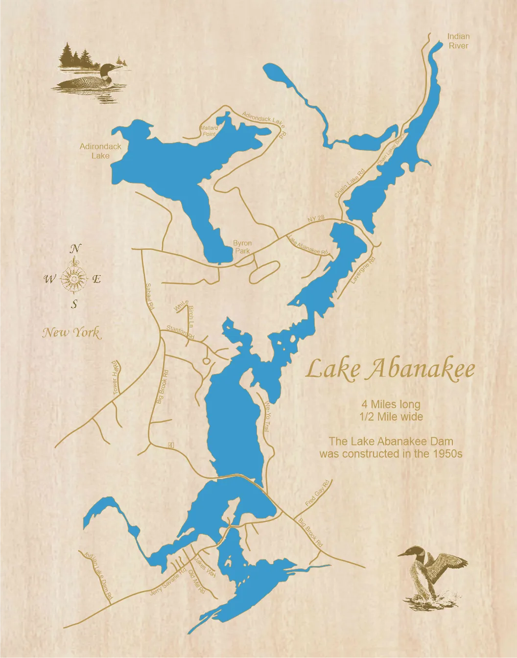 Lake Abanakee, New York - Laser Cut Wood Map