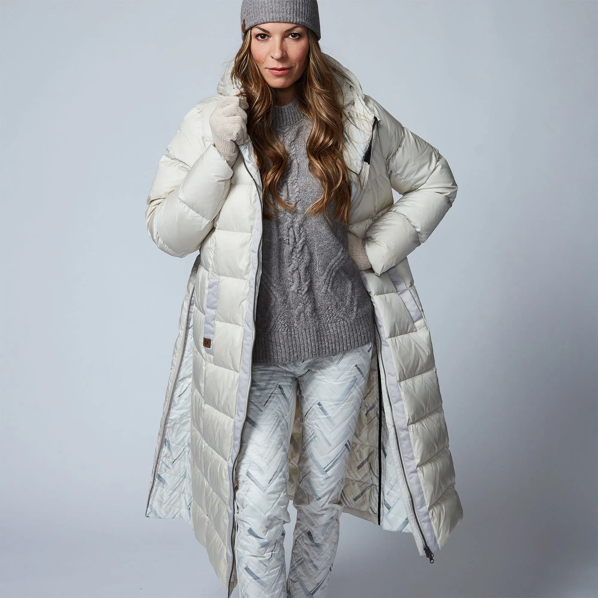 LONG A-LINE DOWN COAT WITH UPCYCLED FUR